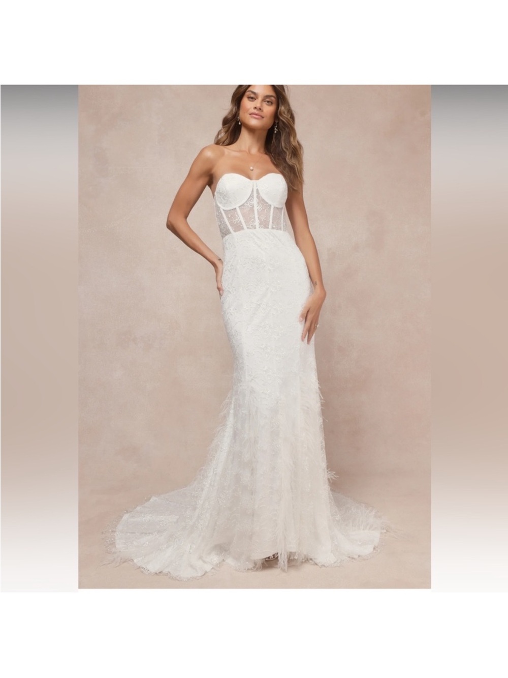 Lulu's Strapless White Lace Mermaid Gown with Sheer Corset